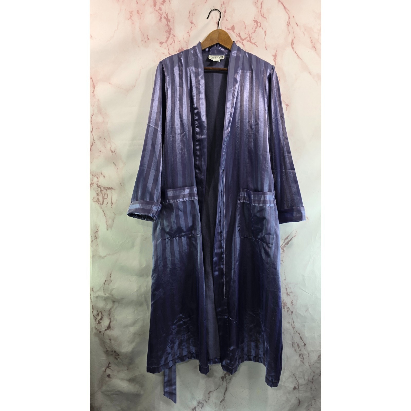 Vintage Robe Womens Medium Purple Satin Striped Long Full Length Housecoat Bath